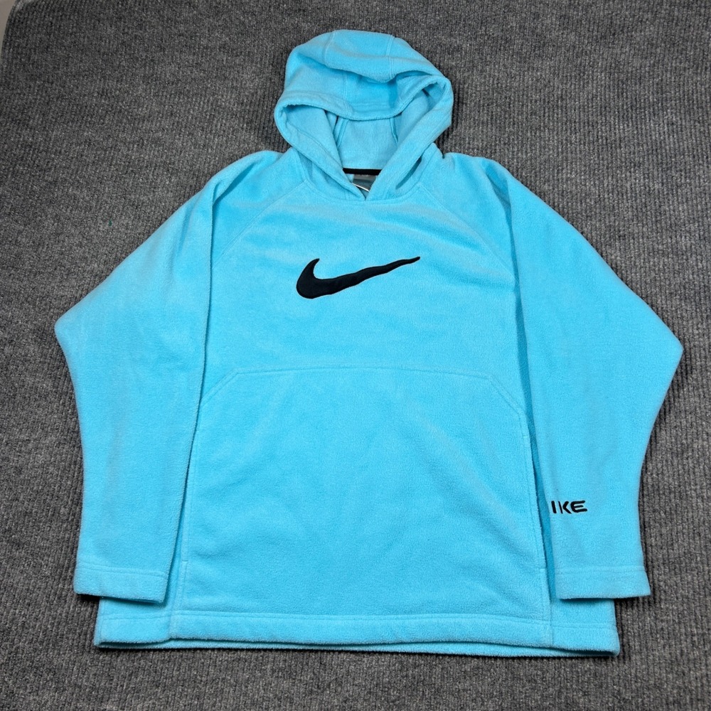 Vintage‎ Nike Hoodie Women's L Blue Fleece Big Swoosh Pockets Retro Y2K